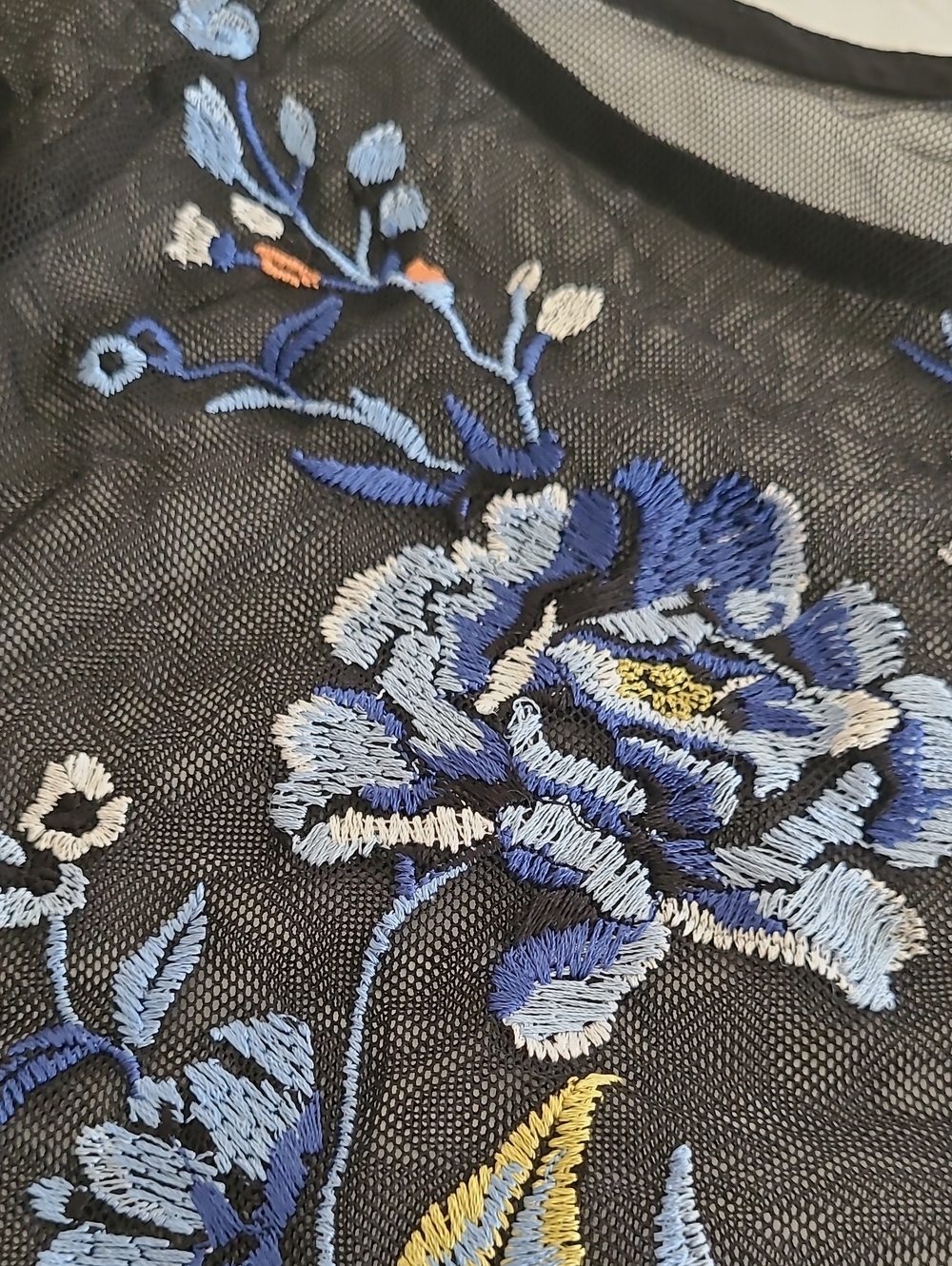 White House Black Market Sheer Black Blouse with Blue Floral Embroidery - Picture 8 of 10